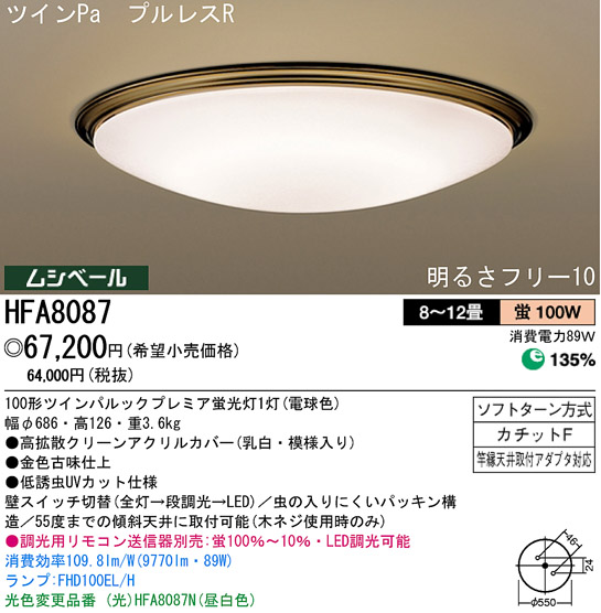 パナソニック電工 PANASONIC シーリングライト HFA8087 | 商品