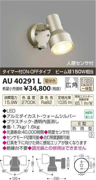 コイズミ照明 KOIZUMI アウトドアスポットライト LED AU40291L