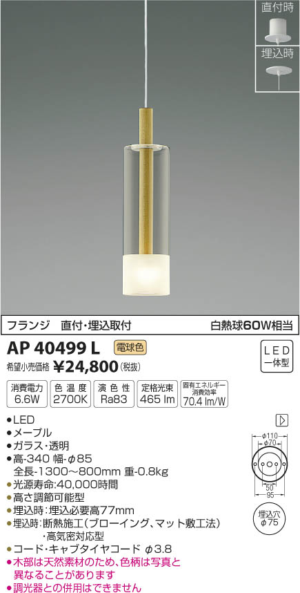 コイズミ照明 KOIZUMI ペンダント LED（電球色） AP40499L | 商品情報