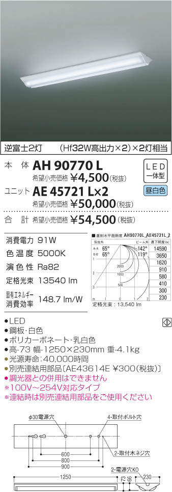KOIZUMI LEDベースライト FLR40W×4灯相当 (ランプ付) 昼白色 5000K AH93431+AE92423 KOIZUMI LEDベースライト FLR40W×4灯相当 (ランプ付) 昼白色 5000K AH93431+AE92423