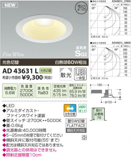 ߾ KOIZUMI ⵤ̩饤 LED AD43631L β