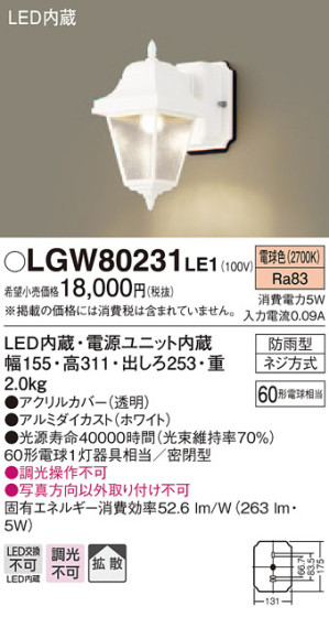 Panasonic LED ƥꥢȥɥ LGW80231LE1 ᥤ̿