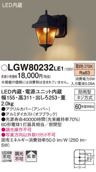 Panasonic LED ƥꥢȥɥ LGW80232LE1 ᥤ̿