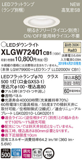 Panasonic LED ƥꥢȥɥ XLGW72401CB1 ᥤ̿