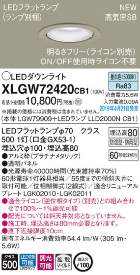 Panasonic LED ƥꥢȥɥ XLGW72420CB1 ᥤ̿