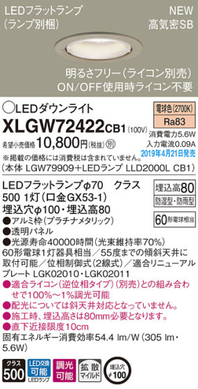 Panasonic LED ƥꥢȥɥ XLGW72422CB1 ᥤ̿