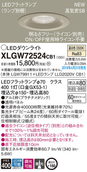 Panasonic LED ƥꥢȥɥ XLGW72524CB1 ᥤ̿